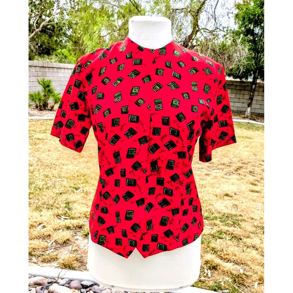 Bora Bora Mandarin Tropical Collar Petite Tiki Print Button Med Top Shirt EUC